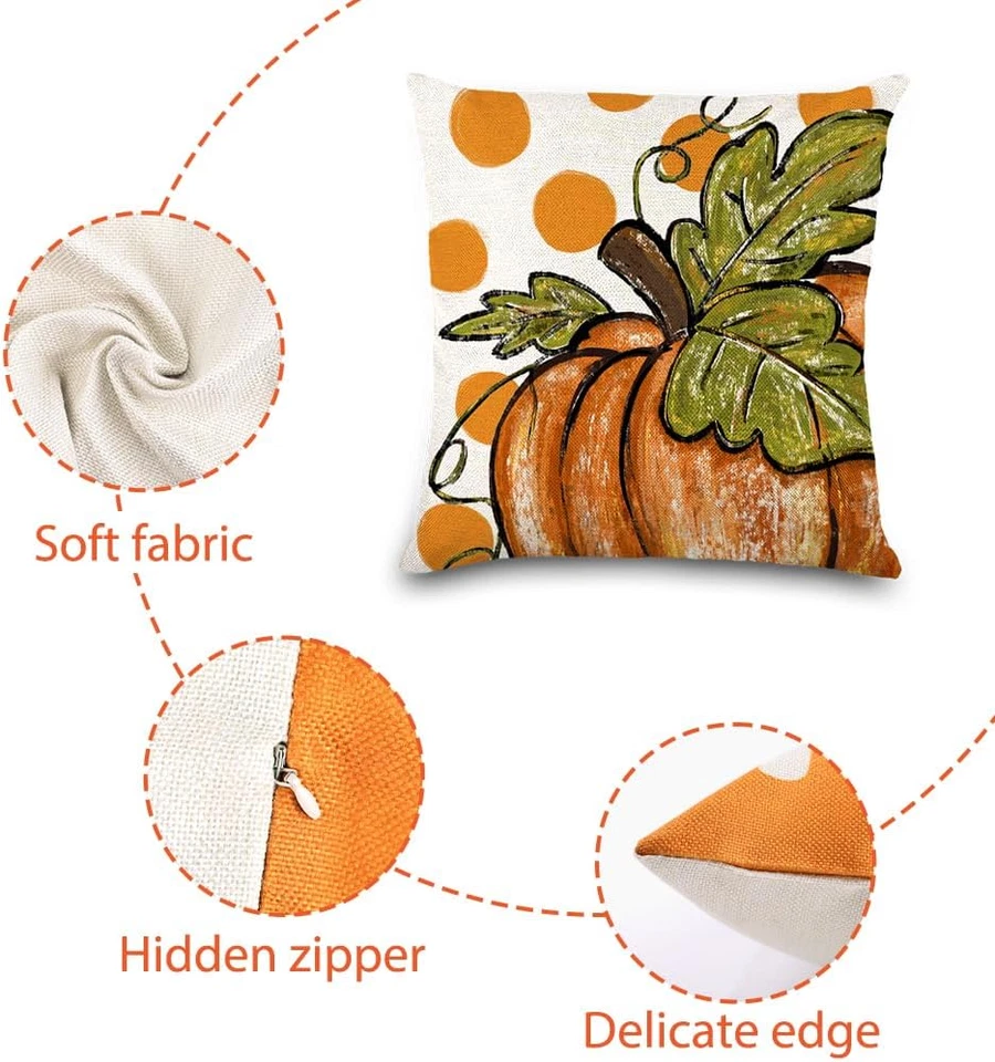 Throw Pillow Cover Decor Fall 4Pcs 18 X 18 Inch Autumn Pumpkin for Thanksgiving. - Image 3 of 4