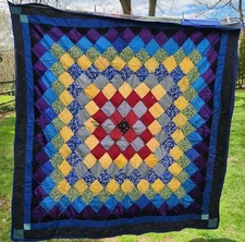 Primitive Style Handmade Patchwork Around the World Quilt Dark Blue Green 65x69"