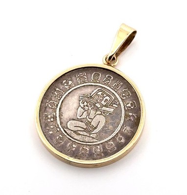 90% Silber Azteken Maya Zeitträger Münze in 14k Gelbgold Einfassung Anhänger 4,85g