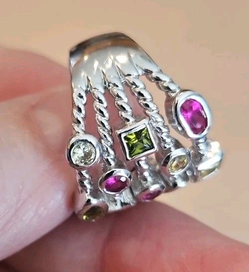 Big Statement Unique Silver Tone Multicolor Stone… - image 4
