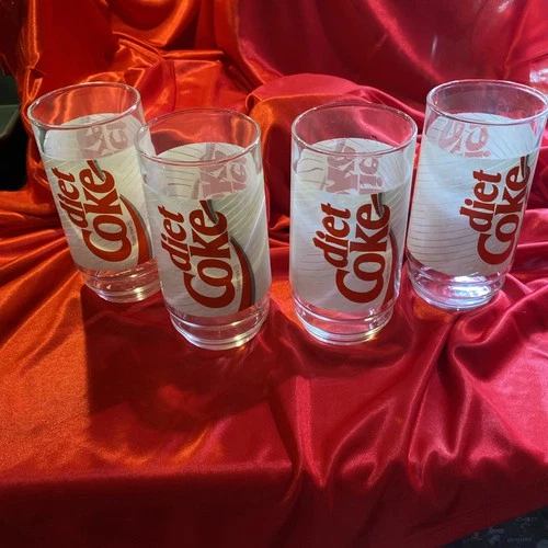 Vintage Set Of 4 Diet Coke Soda Drinking Glasses  Pinstripe Coca Cola 5.5” Tall