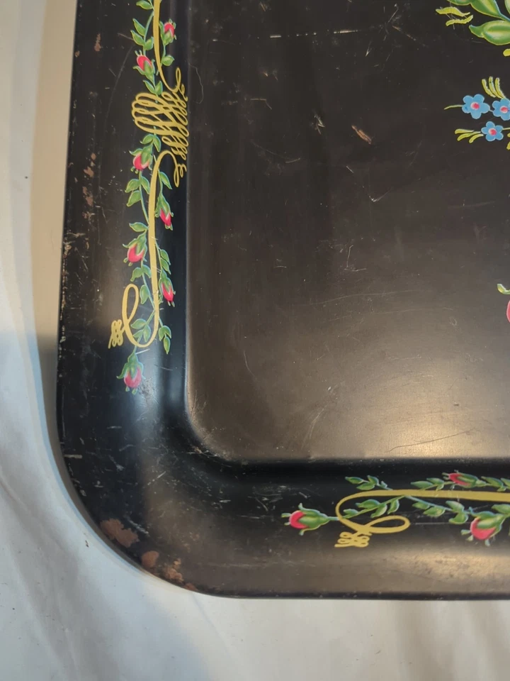 Bandeja de regazo para cama de TV de colección MCM Tole pintada negra rosa floral años 60 17,5x12,75" Foto 2 de 4