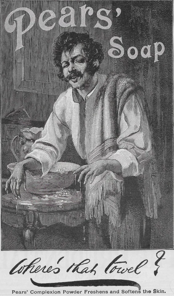 Jabón de peras 1904 "¿Dónde está esa toalla?" Anuncio impreso original antiguo a página completa Foto 2 de 3