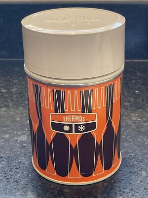 King Seely 10oz Metal Thermos Insulated w/ Cup and Stopper Orange 1971 Vintage