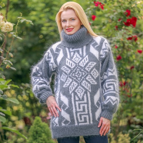 SuperTanya Gris Islandés Difuso Mohair Suéter Hecho a Mano Jersey Nórdico Talla M-L - Imagen 6 de 6