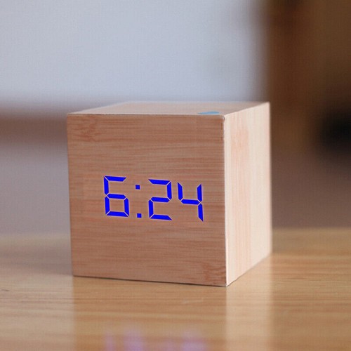 New Digital Wooden LED Alarm Clock Desktop Table Decor Thermometer Voice Control - Picture 18 of 28
