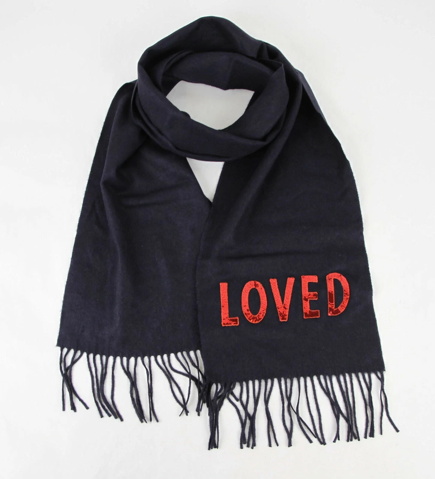 Foulard long neuf Gucci bleu foncé soie/cachemire avec paillettes rouges « AIMÉ » 481318 4000