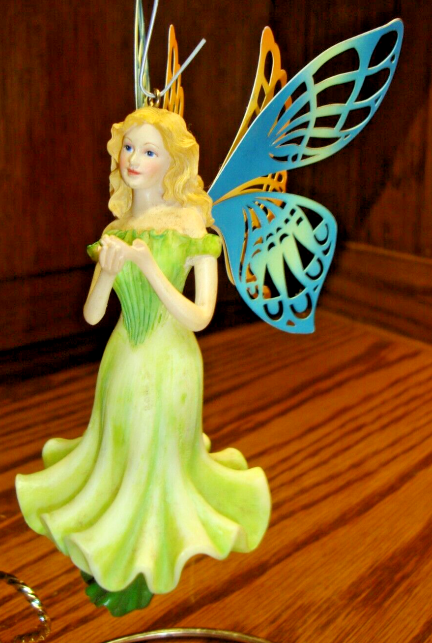 Fairy Garden Hanging Ornament 2 Plastic w/Metal Filigree Wings on Lily