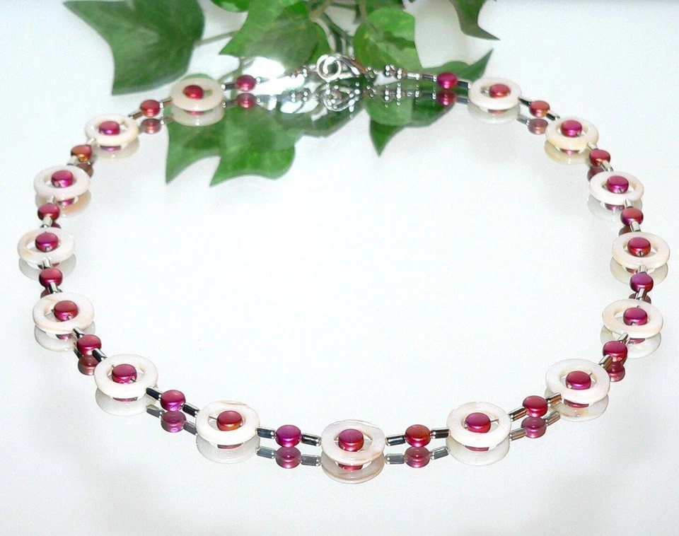 zarte kette Halskette Perlmutt Muschel naturweiss Perlen twocolor rot gold 406g - Bild 2 von 4