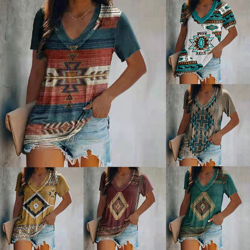 Women's V-Neck Short Sleeve Summer T-Shirt Boho Ethnic Casual Loose Plus  Tops