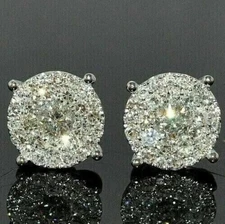 2 Ct Round Cut Real Moissanite Men's Cluster Stud Earrings 14K White Gold Plated