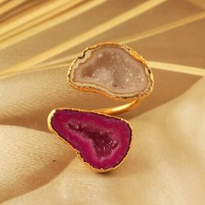 Pink Beige Geode Druzy Gold Electroplated Statement Adjustable Double Stone Ring