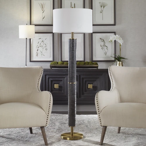 Elegant Modern Gray Black Antique Brass Floor Lamp 63 in Organic Stripes Carved - Picture 4 of 9