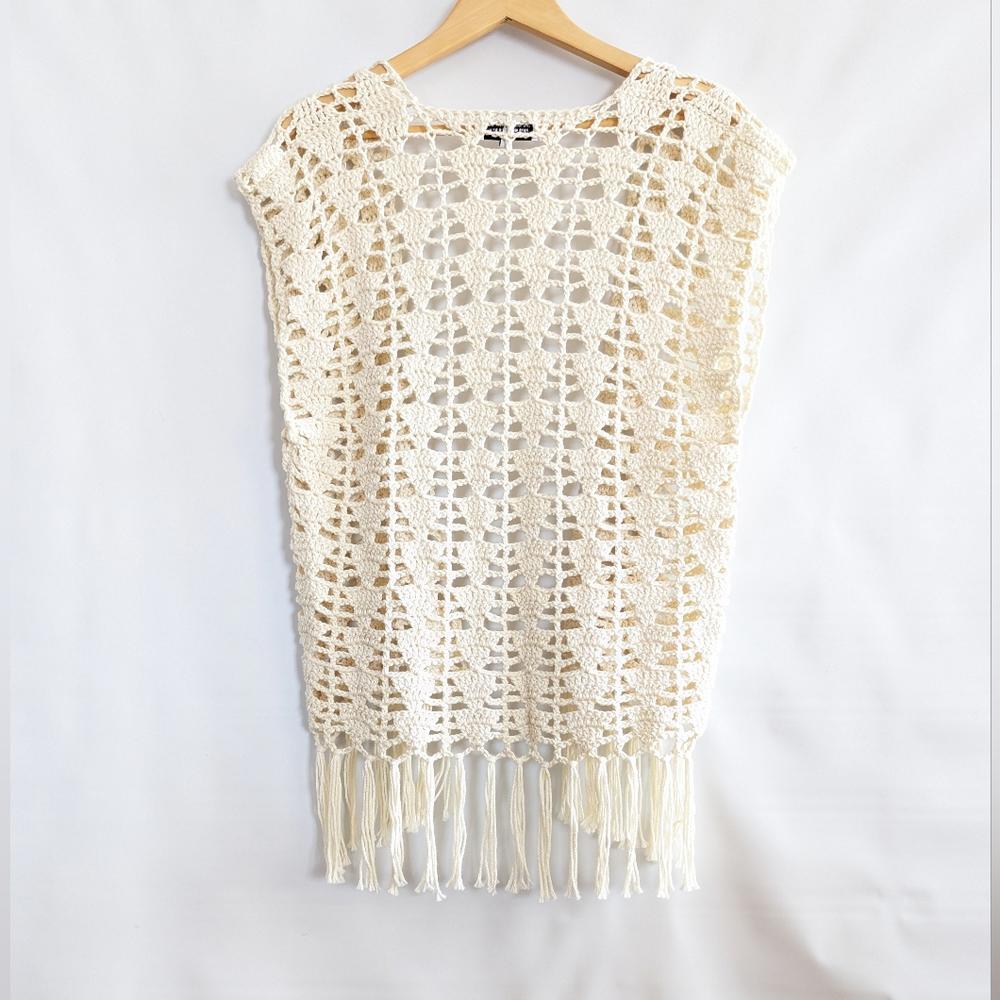 Lilac Valley Creations Boho Fringe Crochet Sweater Vest Large Cream Neutral View 3