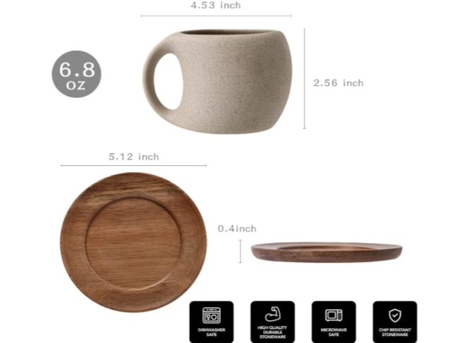 Juego de tazas de café espresso de 8 oz, taza de cerámica con platillo de madera de acacia natural, café con leche/té Foto 3 de 4