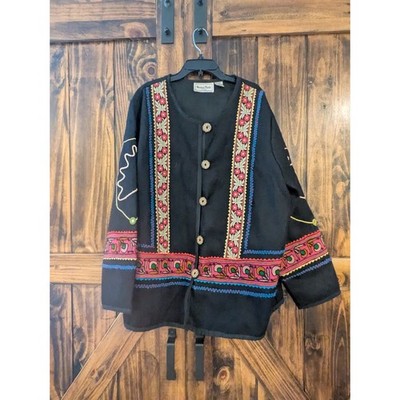 Vintage Nouveau Monde Plus 1x Black Wool Embroidery Coat Jacket EUC
