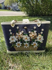 1966 Enid Collins of Texas Flower Basket V Denim with Green Lettering Tote