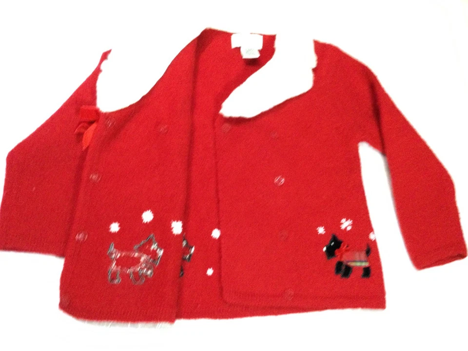 Max Studio Girls Size 5/6 Red cardigan Faux Fur White Collar Snowflakes Terriers - Image 2 of 4