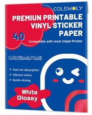 Sticker Paper Glossy Printable Vinyl for Inkjet Printer 40 Adhesive Sheets Wh...