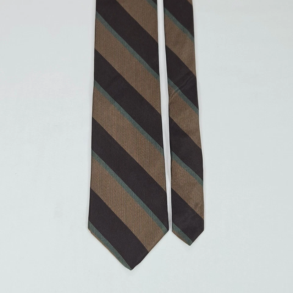 Handmade Silk Striped Tie Brown Green Italian Woven 3.25" Width Men's Neckwear - Image 4 of 4