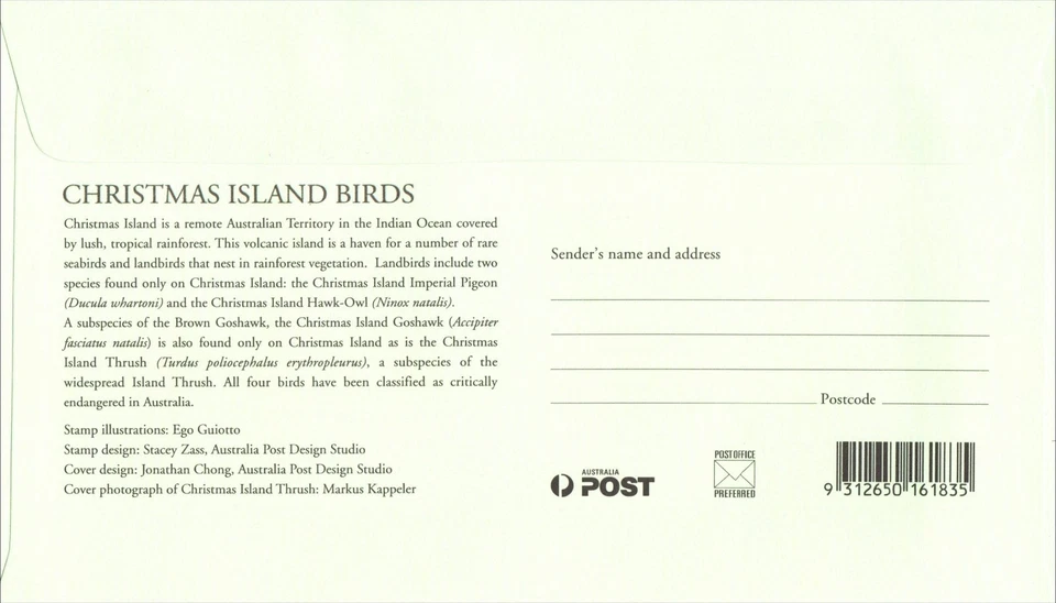 Christmas Islands 2002 Birds FDC Hawk Owl Goshawk Thrush Pigeon - Image 2 of 2
