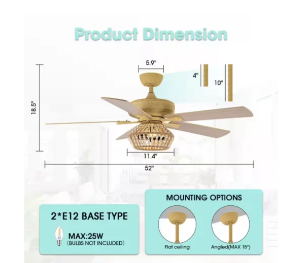 Flint Garden 52" Indoor Weathered Gold Reversible Blade Ceiling Fan with Light - Image 4 of 4