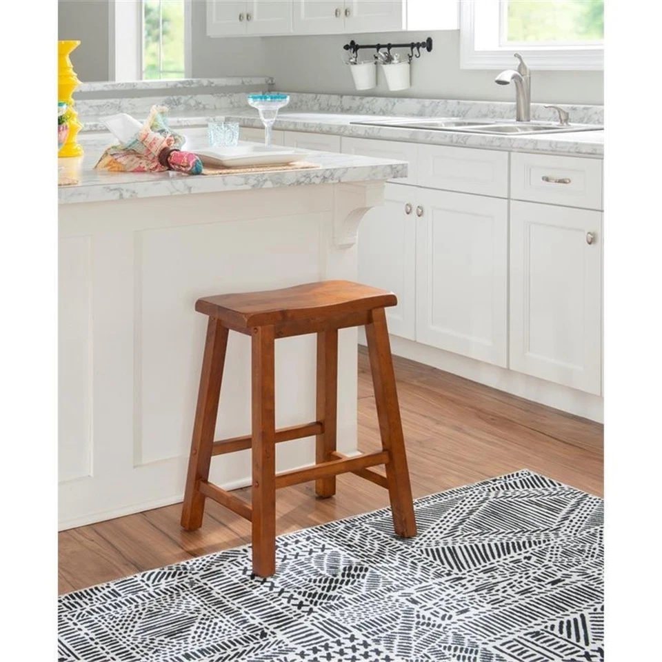 Linon Beamon 24" Sturdy Wood Backless Saddle Seat Counter Stool in Honey Brown - Image 2 of 4