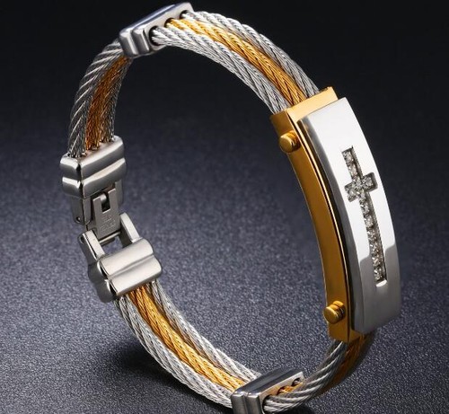 Mens Stainless Steel Twisted Cable Crystals Cross Bangle Bracelet Silver Gold - Picture 6 of 6