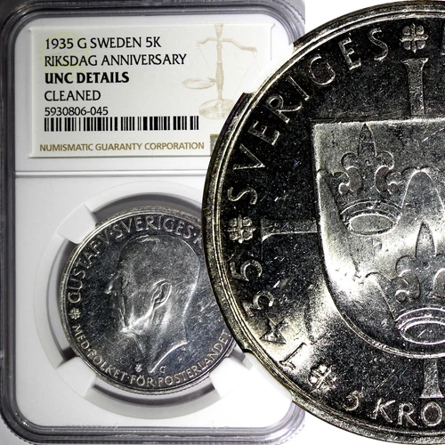 SWEDEN Silver 1935 G 5 Kronor NGC UNC DET 500th Anniversary of Riksdag KM#806(5)