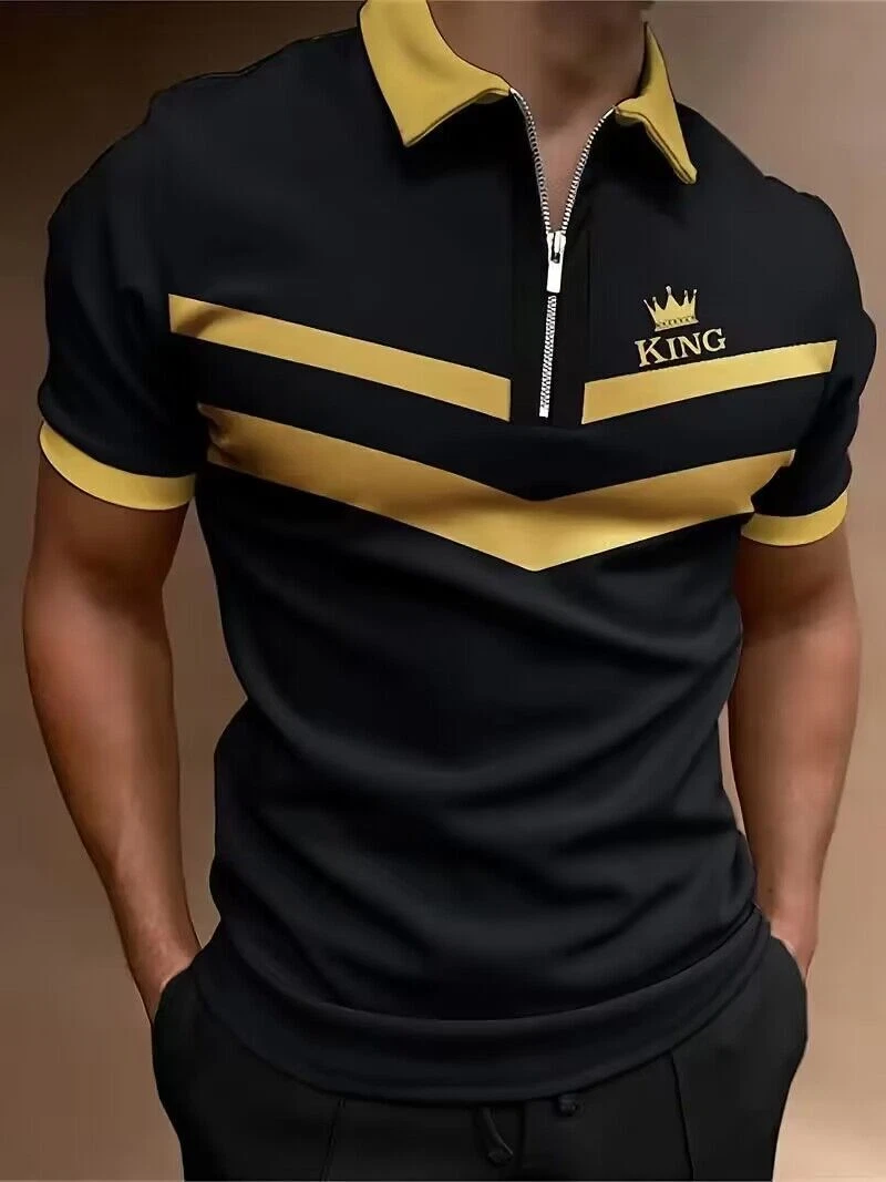 Polo Shirts Zipper Color Block Stripe Black Yellow Golf King Short Sleeve Tee - Picture 1 of 3