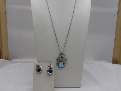 Kiam Family Silver Toned & Blue Rhinestone Necklace and Earrings Set #33w