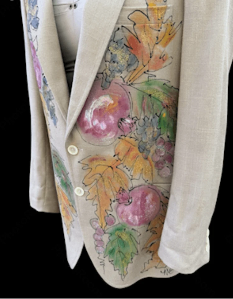 Blazer pintado a mano flores brillantes talla Arte portátil frontal de 2 botones L de gran tamaño Foto 2 de 4