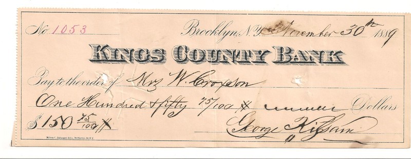 #0487 $150 1889 George Kissam Vanderbilt-related Brooklyn NY Mrs William Croxson