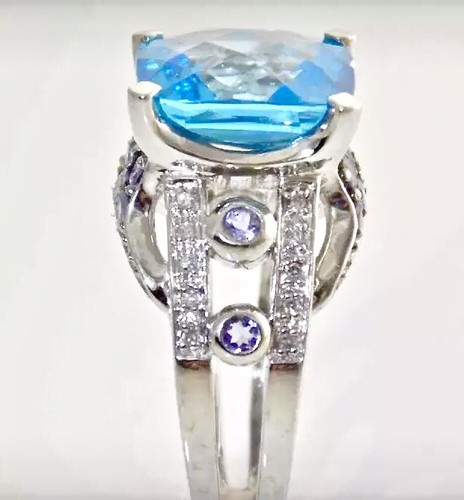 STUNNING 10KT GOLD PRINCESS CUSHION SWISS BLUE TOPAZ & DIAMNOND, TANZANITE RING - Picture 3 of 12
