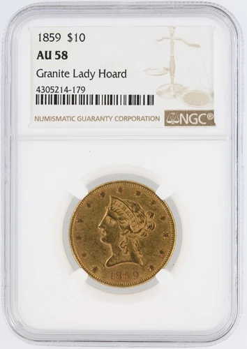 1859 Liberty Gold Eagle NGC AU58 $10 Philadelphia Minted "Granite Lady Hoard"