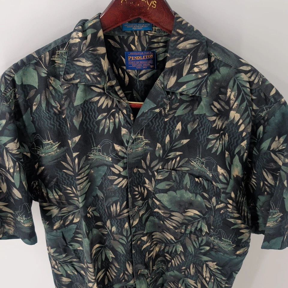 Vintage Pendleton Hawaiian Tropical Leaf and Ship Aloha Shirt Multicolor Size M - Image 3 of 4