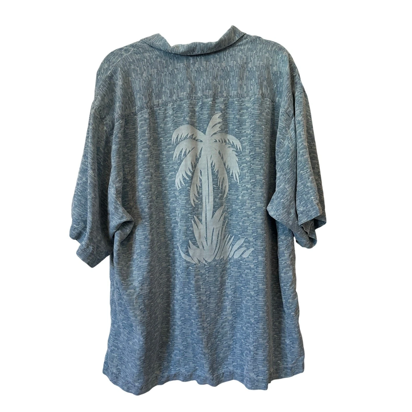 Tommy Bahama 100% Silk Palm Tree Shirt XL Blue Textured Camp Button Front