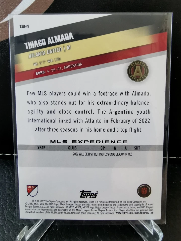Thiago Almada Rookie Card 2022-2023 Topps MLS Atlanta United #134 - Image 2 of 2