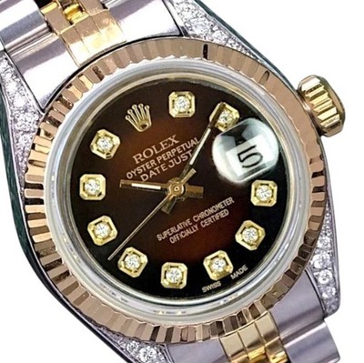 Rolex Datejust Ladies Two-Tone Gold Steel Brown Vignette Diamond Dial-Lugs Watch