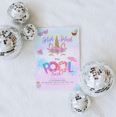 Pool Party Einladung Mädchen Einhorn Einladung, Digital Glitzer Regenbogen Schwimmen