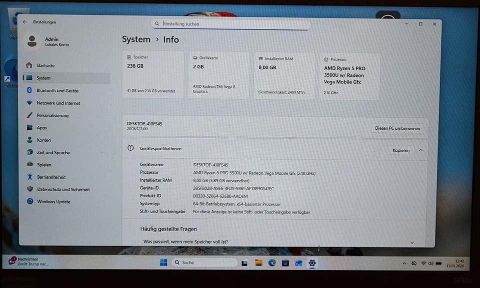 Lenovo ThinkPad T495s · Ryzen 5 PRO 3500U · 8GB · 256GB, Foto 3 von 5