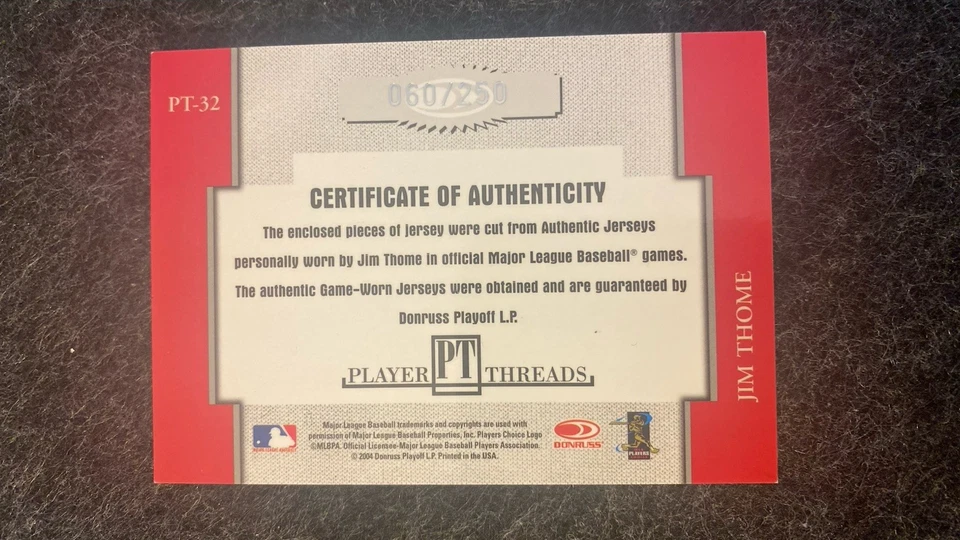 2004 Donruss Throwback Threads Player Threads Dual GU Jersey Jim Thome 60/250 - Image 2 of 2
