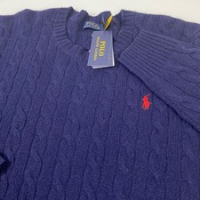 Polo Ralph Lauren Men LT Navy Blue Cable Knit Wool Cashmere Sweater NEW RED Pony