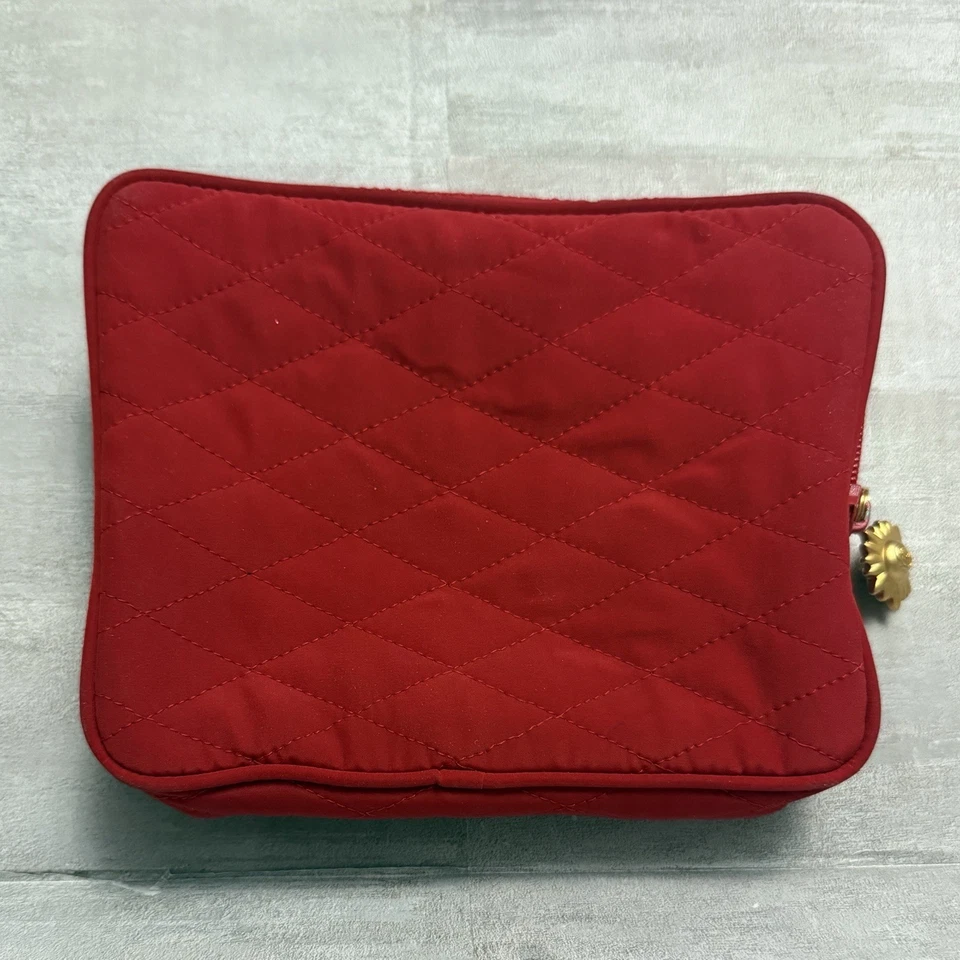 Bolsa de cosméticos vintage Cacharel bolsa de maquillaje roja acolchada dorada botón solar y cremallera Foto 2 de 4