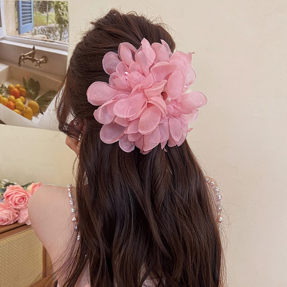 Grampo de cabelo feminino grande de chiffon flor laço garra prendedor de cabelo mandíbula barrettes☆ - Imagem 4 de 4