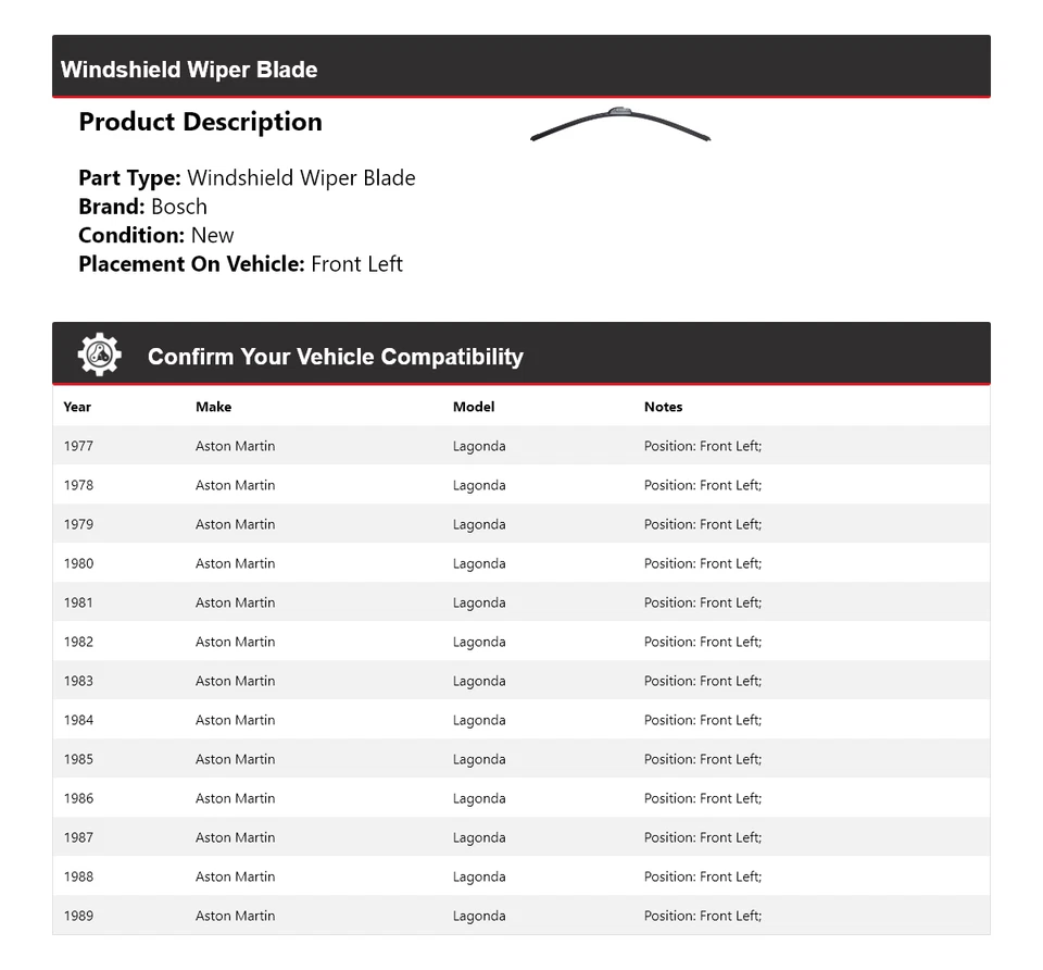 Для 1977-1989 Aston Martin Lagonda Bosch ICON стеклоочиститель лобового стекла лезвие спереди слева - Изображение 2 из 4