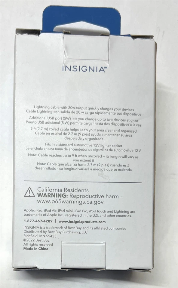 Carregador de carro Insignia 25 W Apple MFi certificado 9' para iPhone/iPad/iPod - Preto - Imagem 2 de 2