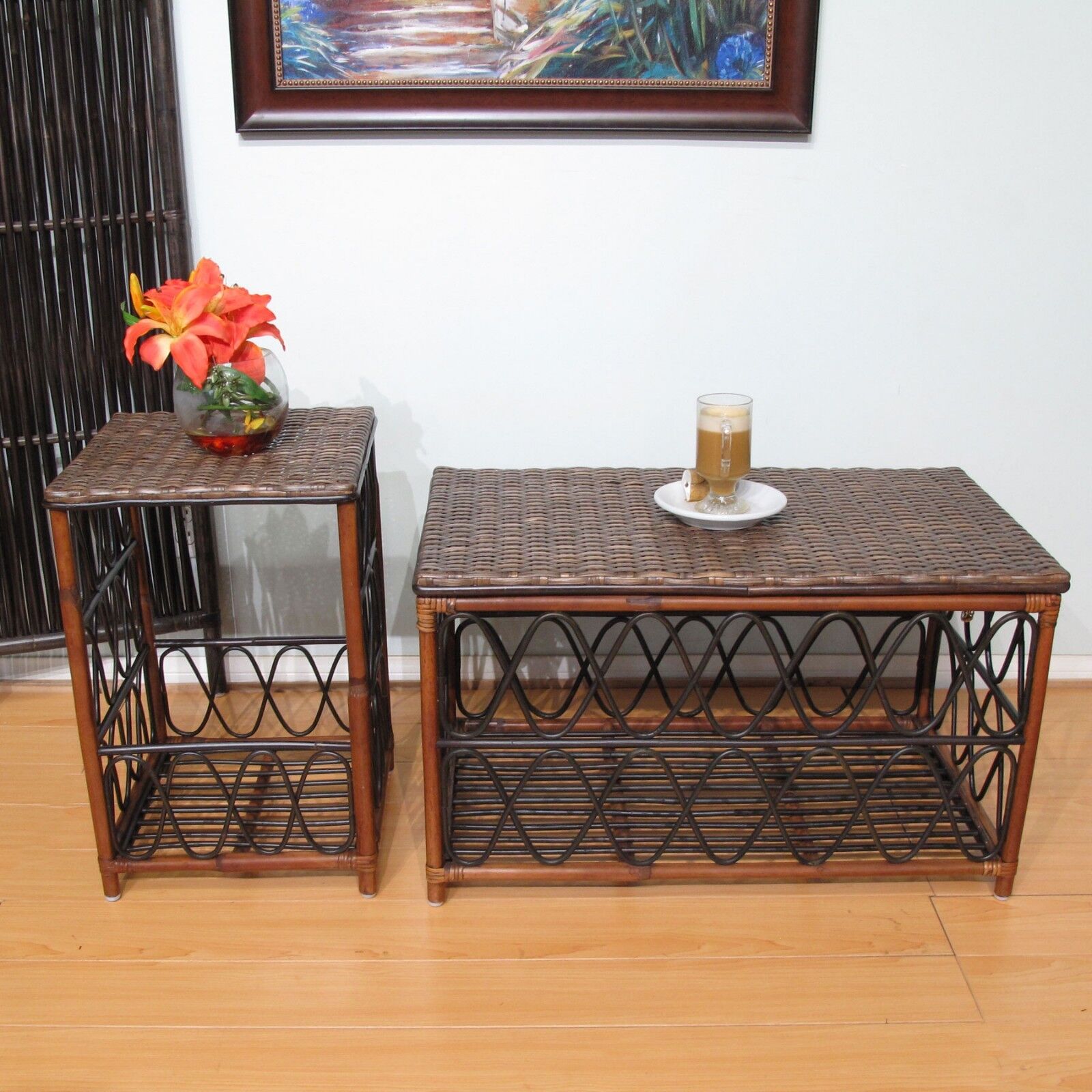 Rattan Coffee Table and End Table Set of 2