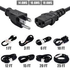 1 2 3 6 10 12 15 20 25FT Power Cord Cable 3-Prong NEMA 5-15P to IEC 320 C13 LOT