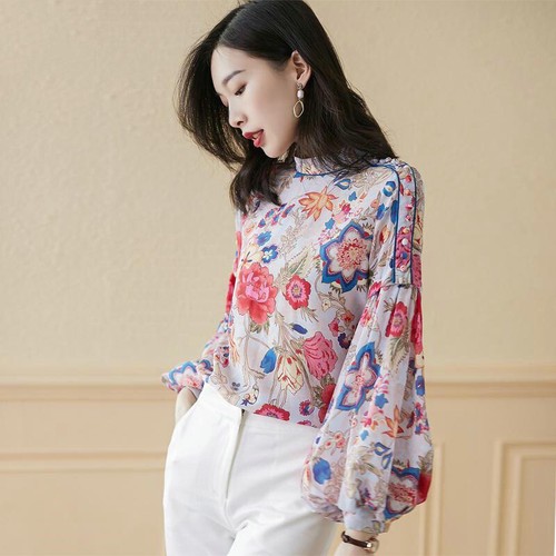 Women Chiffon Floral T Shirt Blouse Mock Neck Tops Baroque Retro Elegant - Picture 7 of 9